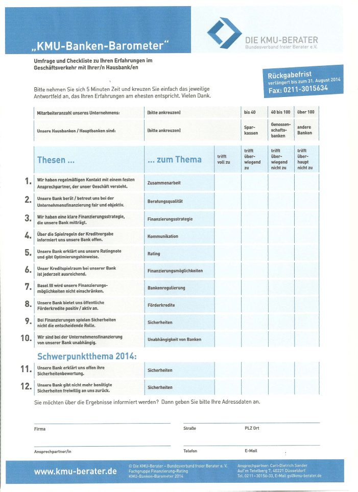 KMU-Banken-Barometer 2014: Mittelstand zu stark von nur einer Bank abhängig!