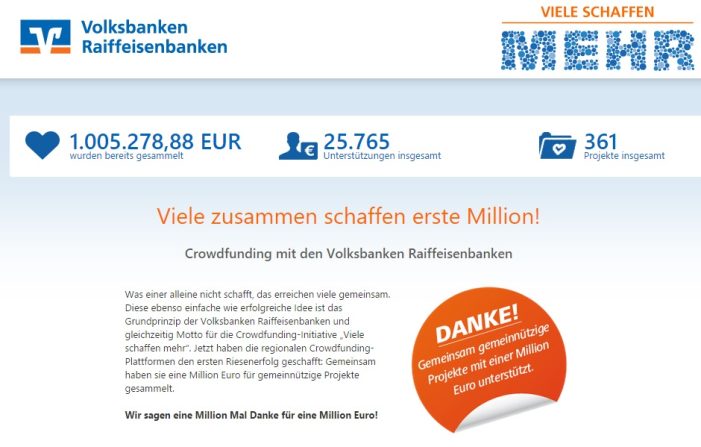 „Viele schaffen mehr“: Crowdfunding-Plattformen der Volksbanken Raiffeisenbanken sammeln eine Million Euro