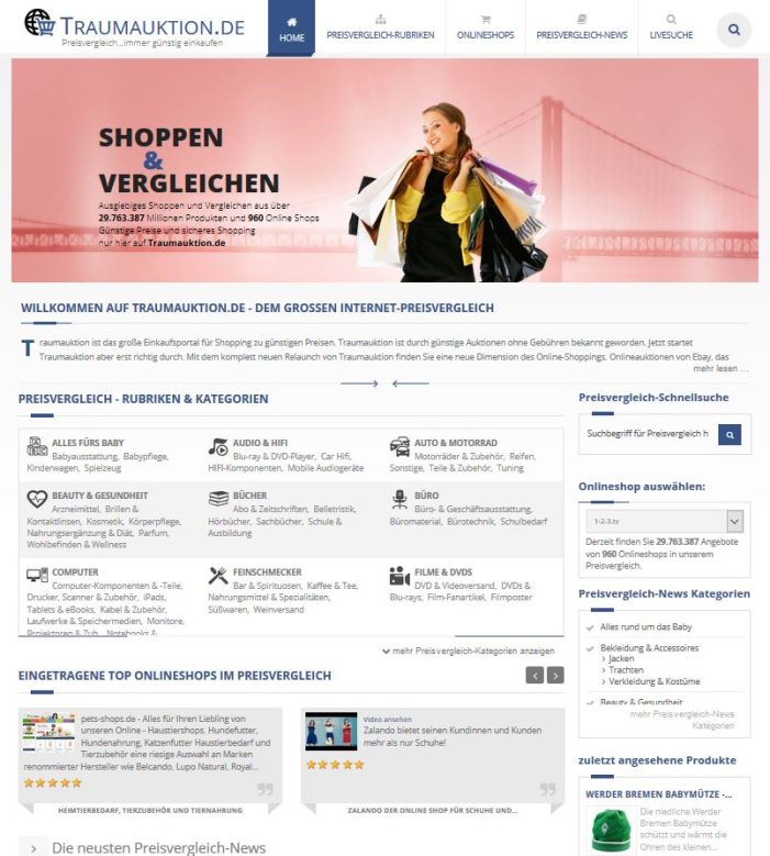 Preisvergleich von Traumauktion.de ist in neuem Gewand mit kostenlosem Webkatalog online