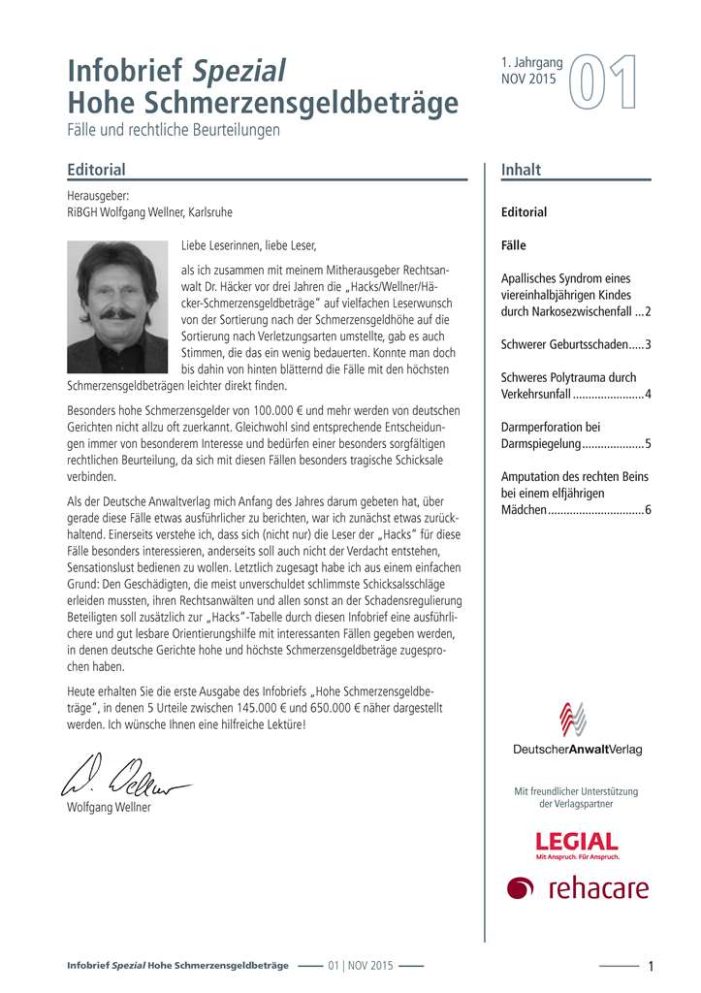 Der neue Infobrief Hohe Schmerzensgeldbeträge von Richter am BGH Wolfgang Wellner Der neue Infobrief Hohe Schmerzensgeldbeträge von Richter am BGH Wolfgang Wellner