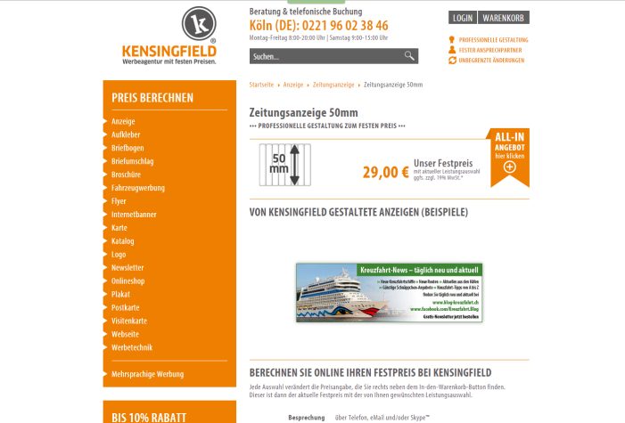 Zeitungsanzeige bis 50 mm Höhe? Ja, bei KENSINGFIELD.