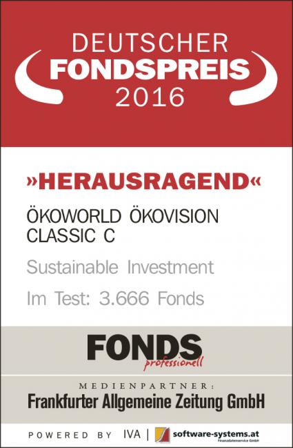 Herausragend: DEUTSCHER FONDSPREIS 2016 für ÖKOVISION CLASSIC / FONDS professionell, FAZ und Institut für Vermögensaufbau vergeben die begehrte Auszeichnung an den „Gewinner der Zukunft“ (FOTO)