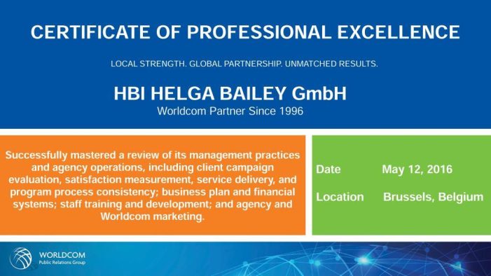 HBI erhält Worldcom Certificate of Professional Excellence