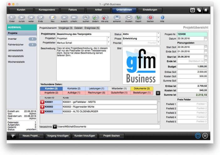 Unternehmenssoftware gFM-Business 2.7 mit Projektverwaltung