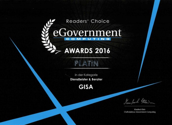 Platin beim eGovernment Computing Award 2016 – GISA ist bester Dienstleister und Berater Platin beim eGovernment Computing Award 2016 – GISA ist bester Dienstleister und Berater