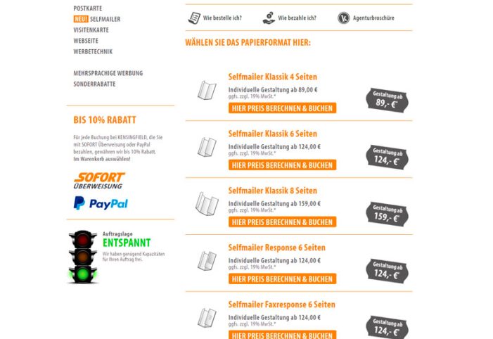 Kensingfield Werbeagentur: Selfmailer zum Festpreis