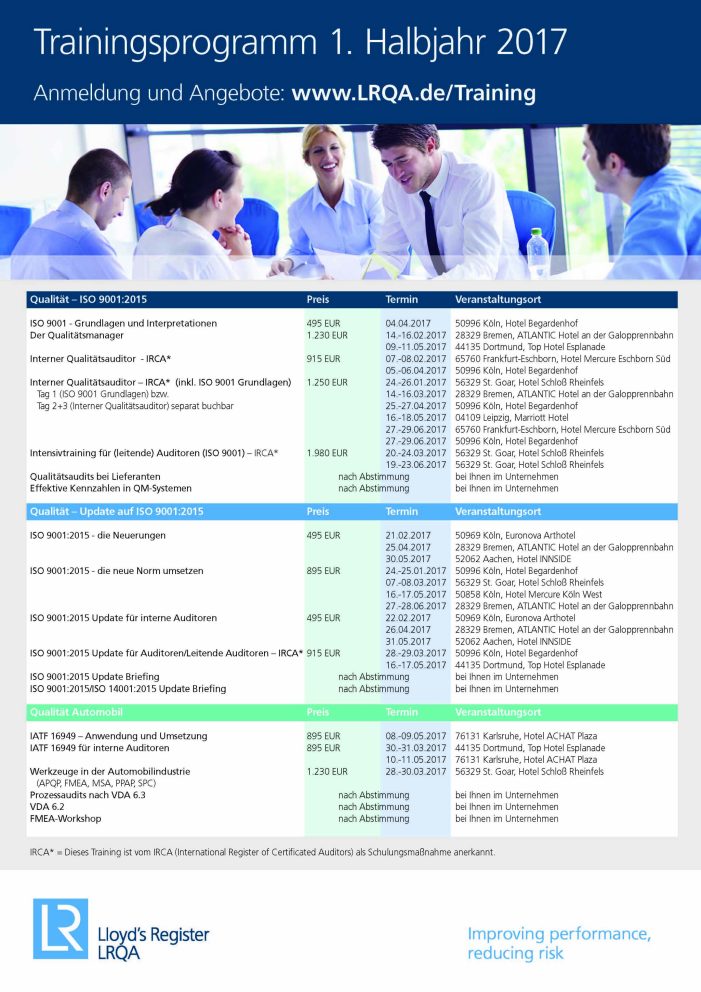 Neues LRQA – Trainingsprogramm 2017 ist ab sofort verfügbar.