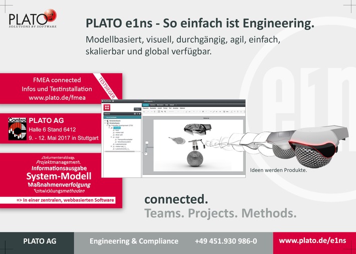 FMEA Testsieger präsentiert auf der Control vom 9.-12.5.17 in Stuttgart neues Webtool / Systems Engineering im Web mit PLATO e1ns: modellbasiert, visuell, durchgängig, skalierbar,global verfügbar (FOTO)