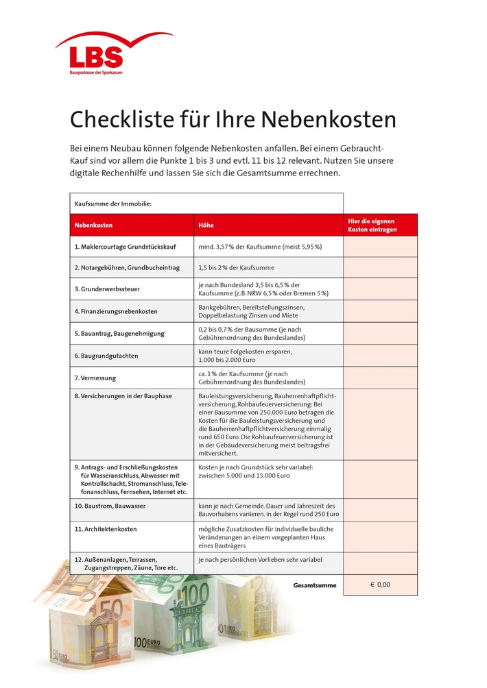 Mit diesen Nebenkosten sollten Bauherren rechnen / LBS-Checkliste gibt detailliertenÜberblick / Zusätzliche Belastungen nicht zu knapp kalkulieren (FOTO)