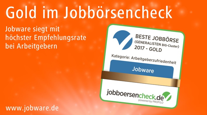 Gold für Jobware – Deutschlands bestes Jobportal 2017 / 96 Prozent der Arbeitgeber würden Jobware weiterempfehlen (FOTO)