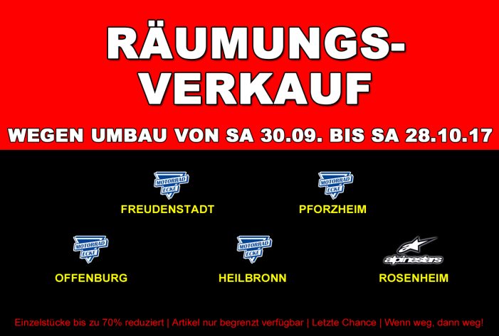 Motorrad-Ecke startet mehrere Räumungsverkäufe wegen Umbau!