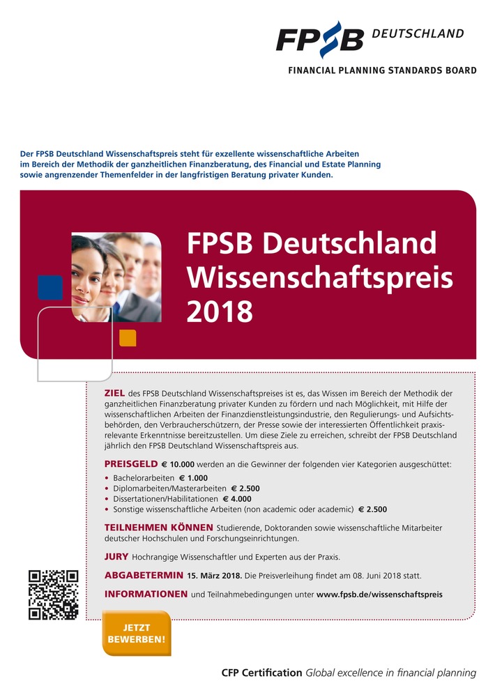 Wissenschaftler nehmen ganzheitliche Finanzplanung unter die Lupe: Von der Theorie für die Praxis: FPSB Deutschland lobt hoch dotierten Wissenschaftspreis auch 2018 aus (FOTO)