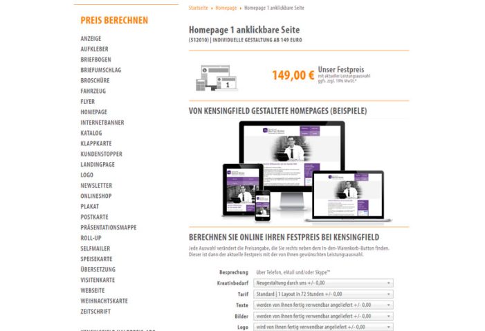 Homepage 1 anklickbare Seite – Gestaltung ab 149 Euro