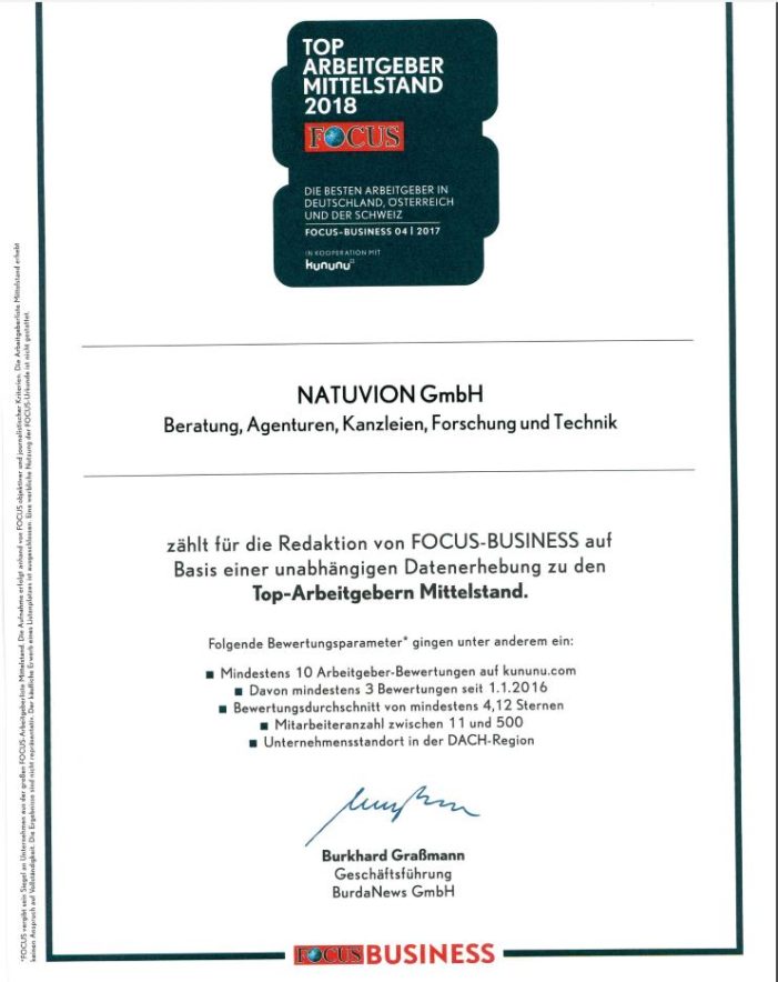 FOCUS-Business: Die Natuvion GmbH gehört zu den Top-Arbeitgebern 2018