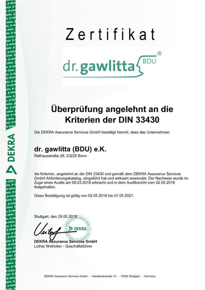 dr. gawlitta (BDU) erhält DEKRA-Zertifizierung