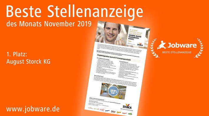 Personalwerbung für das Süßwarenunternehmen / Jobware zeichnet STORCK für beste Stellenanzeige im November aus (FOTO)