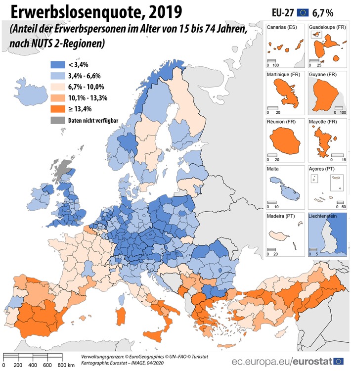 Erwerbslosenquoten in den Regionen der EU reichten von 1,3% bis 30,1% im Jahr 2019 (FOTO)