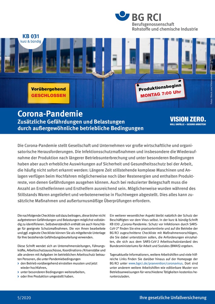 Wichtig in Corona-Zeiten: Nicht nur den Infektionsschutz, sondern auch neu entstandene Gefährdungen im Betrieb im Auge behalten! / Neue Publikation der BG RCI gibt Hilfestellung (FOTO)