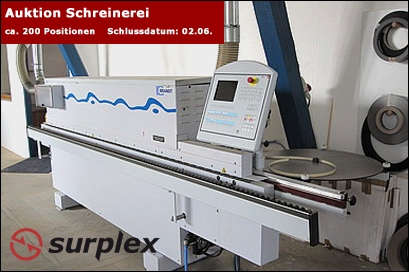 Holzbearbeitungsmaschinen und Inventar einer Schreinerei in Online-Auktion
