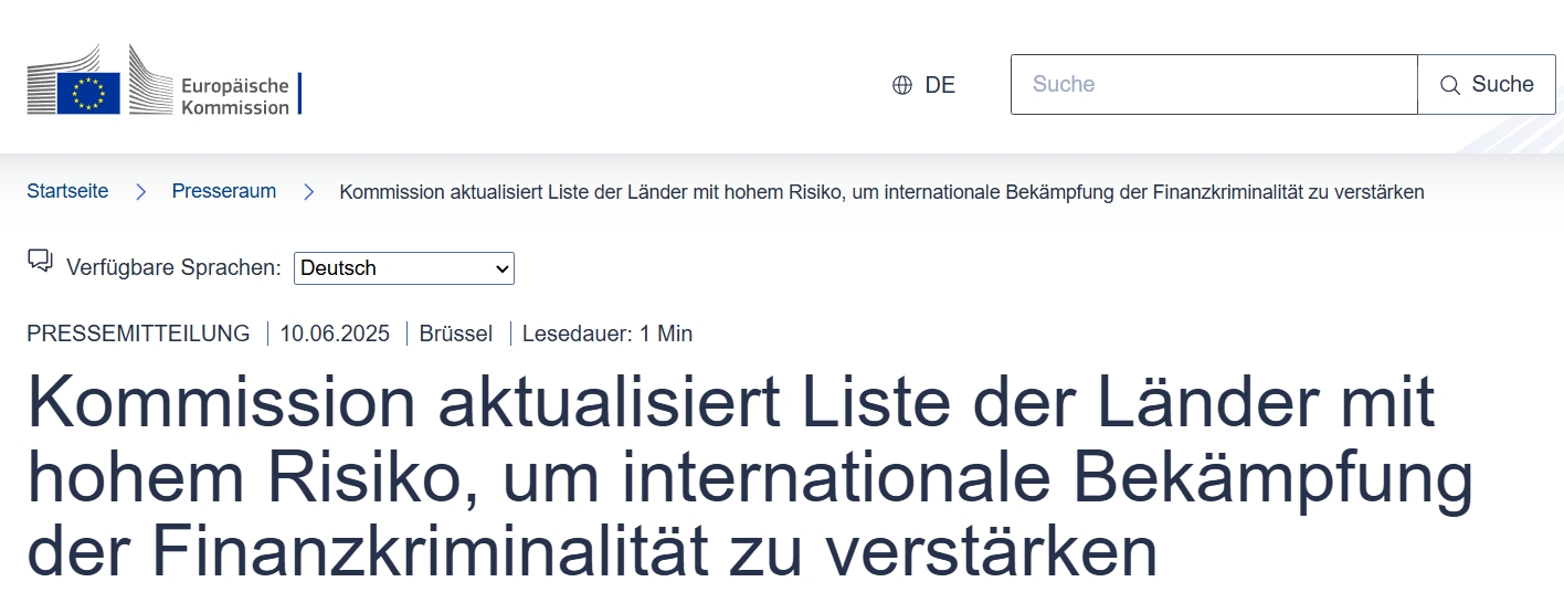 Die Europäische Kommission aktualisiert ihre Liste der Länder mit hohem Risiko im (AML/CFT)