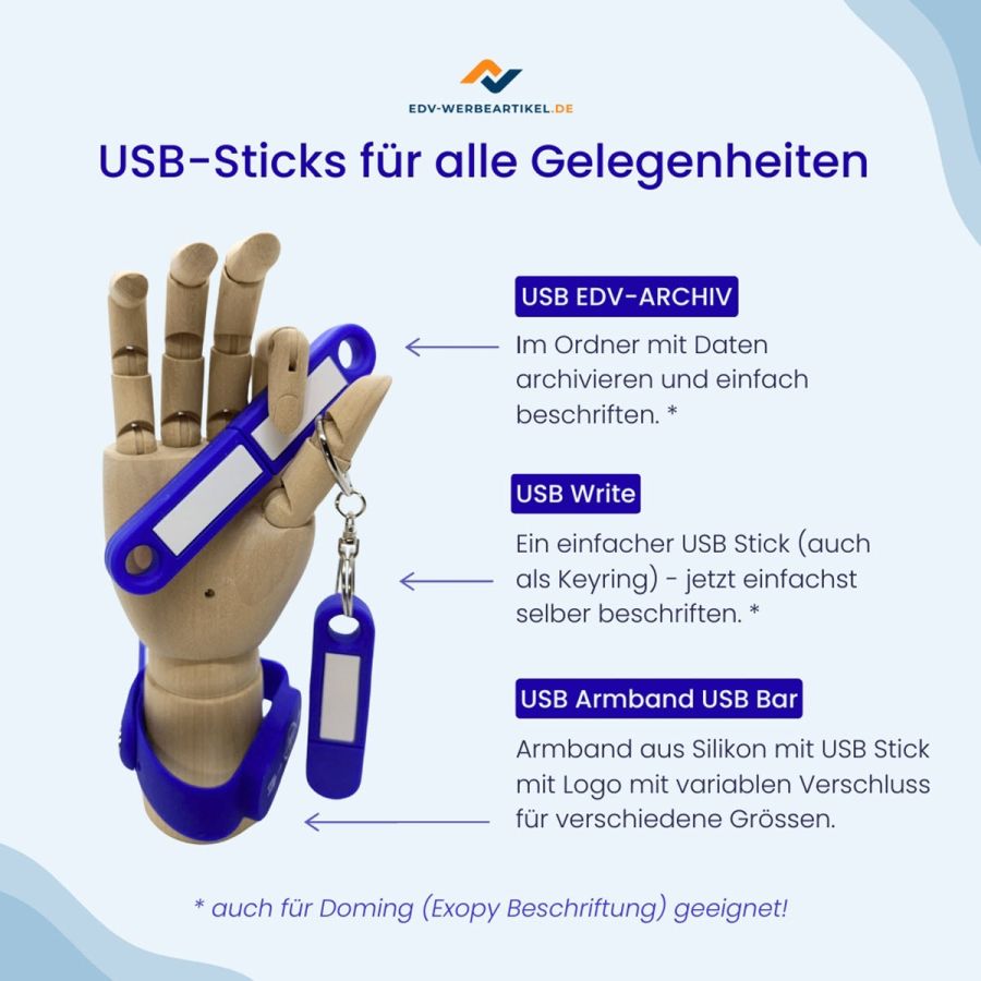 EDV-Werbeartikel: verstellbare USB-Armbänder, USB-Sticks zum Beschriften und USB-Sticks zum Abheften.