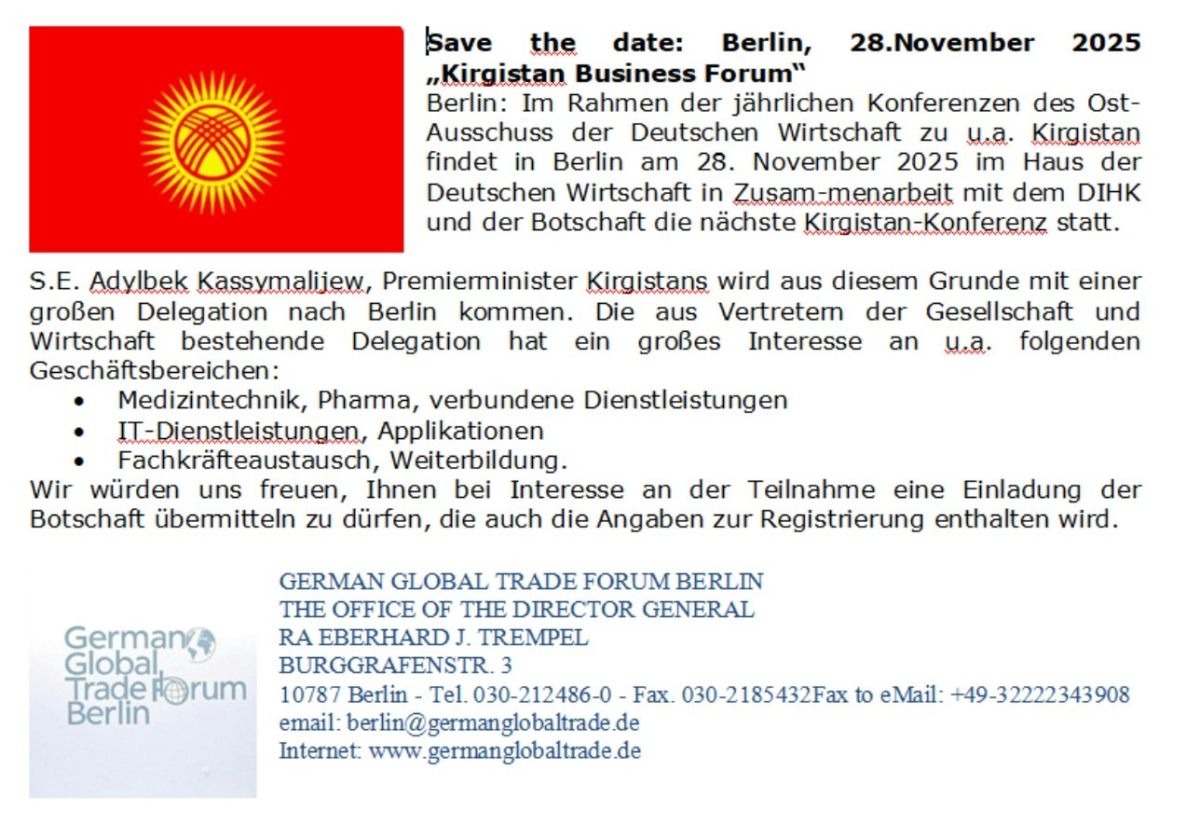 Kirgistan mit großer Delegation am 28. November 25 in Berlin erwartet