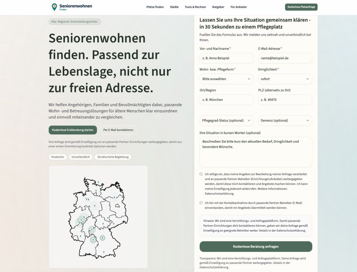 Neue Plattform hilft den passenden Pflegeplatz zu finden : Seniorenwohnen-finden.de