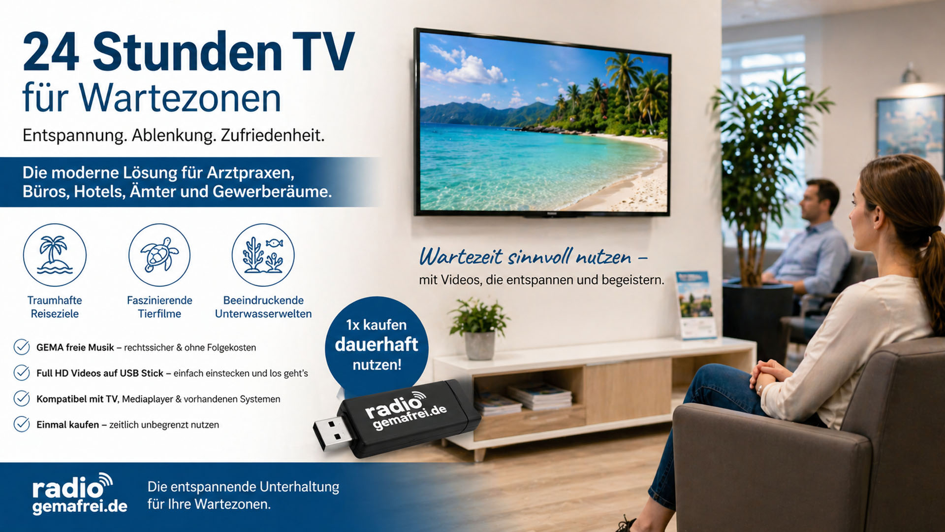24-Stunden-TV für Wartezonen: Moderne Unterhaltungslösung für Arztpraxen und Gewerberäume von Radiogemafrei.de