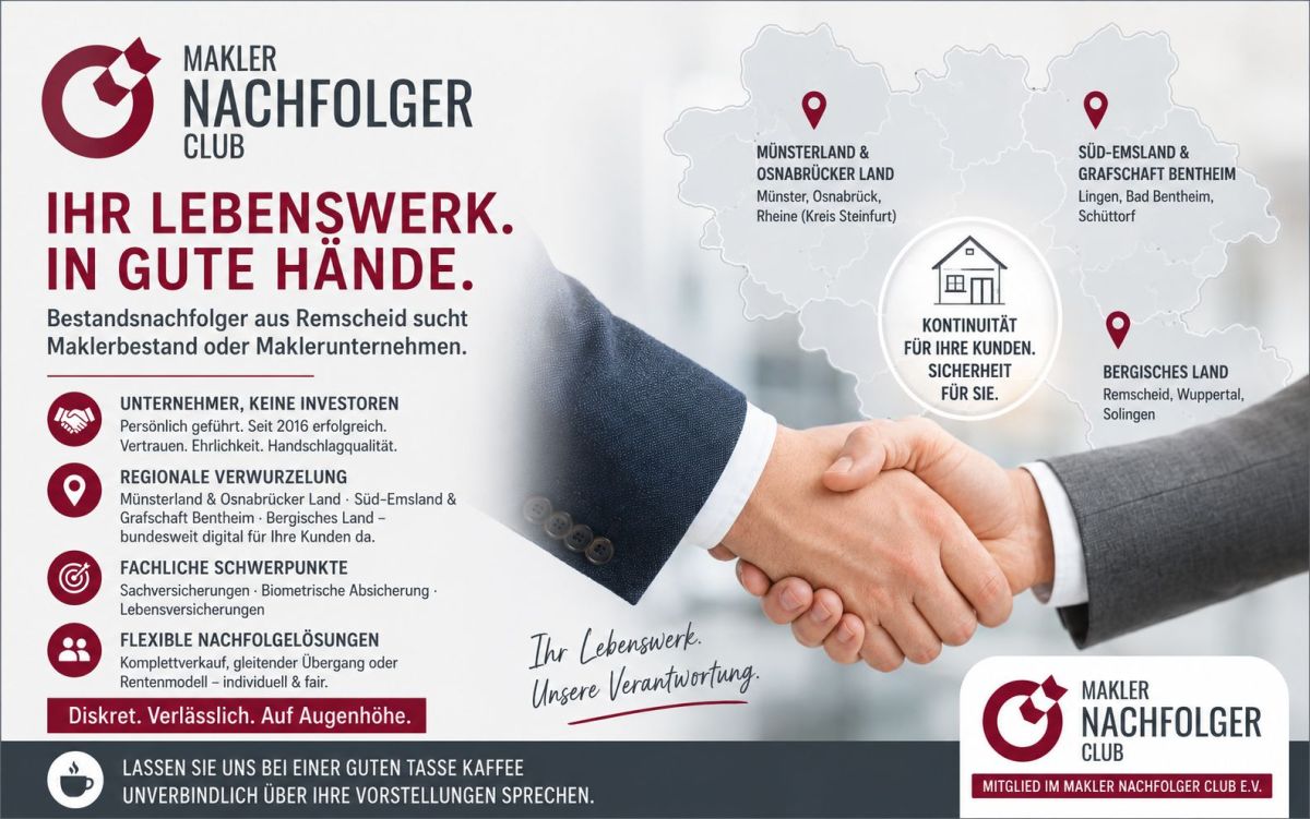 Maklerbestand verkaufen an einen verlässlichen Nachfolger aus Remscheid