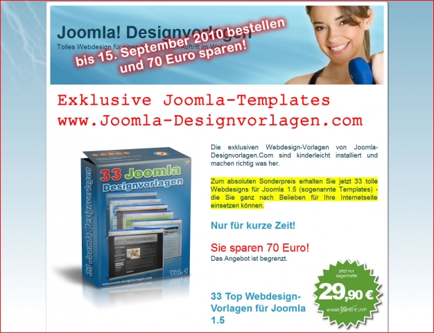 Joomla Fans können jetzt sparen: Joomla-Designvorlagen bietet Design-Paket mit 33 hochwertigen Joomla-Templates bis 15. September zum stark reduzierten Aktionspreis an