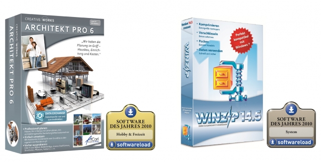 800.000 Internetnutzer haben abgestimmt: CREATIVE WORKS ARCHITEKT PRO 6 Software des Jahres 2010 bei Softwareload in der Kategorie Hobby&Freizeit – Klassiker WinZip erreicht Bronze in der Kategorie System
