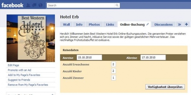 Neue Facebook Applikation für Zimmer-Buchungen