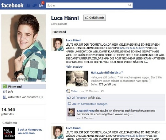 Es existiert eine Luca Hänni Fake Fanpage bei Facebook die ihre Mitglieder auffordert die Seite Haha,wie Süß du bist :* zu Liken Vorsicht