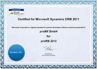 proRM 2013 wird von Microsoft als weltweit einziges Produkt in diesem Segment mit dem Zertifikat?Certified for Microsoft Dynamics CRM Online? ausgeze