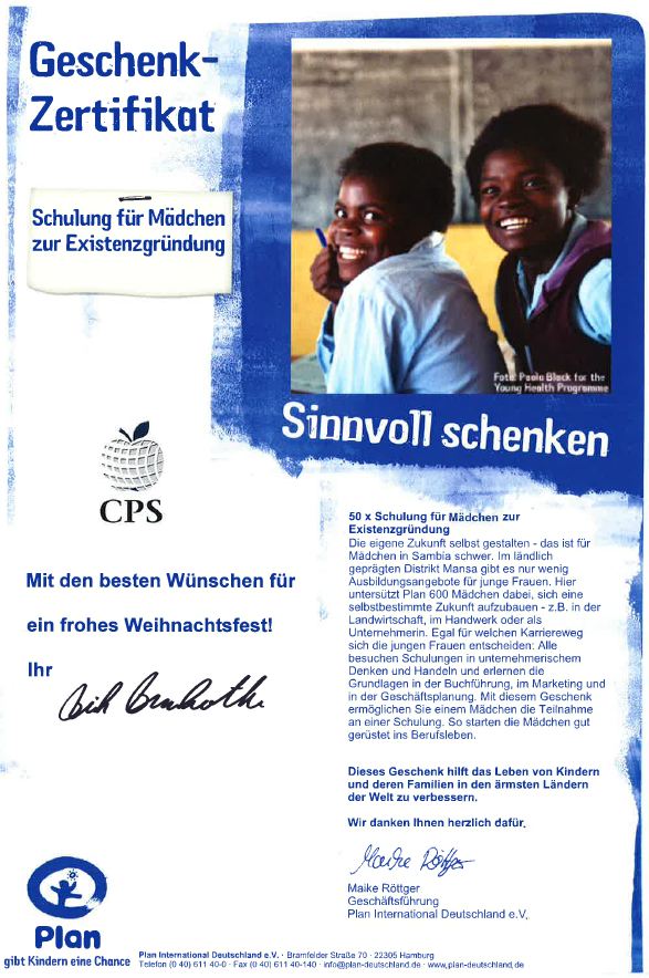 CPS – Creative Partner Services spendet für Plan International