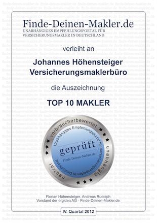 Versicherungsmaklerbüro Höhensteiger von Finde-Deinen-Makler.de zu einem Top 10 Makler ausgezeichnet
